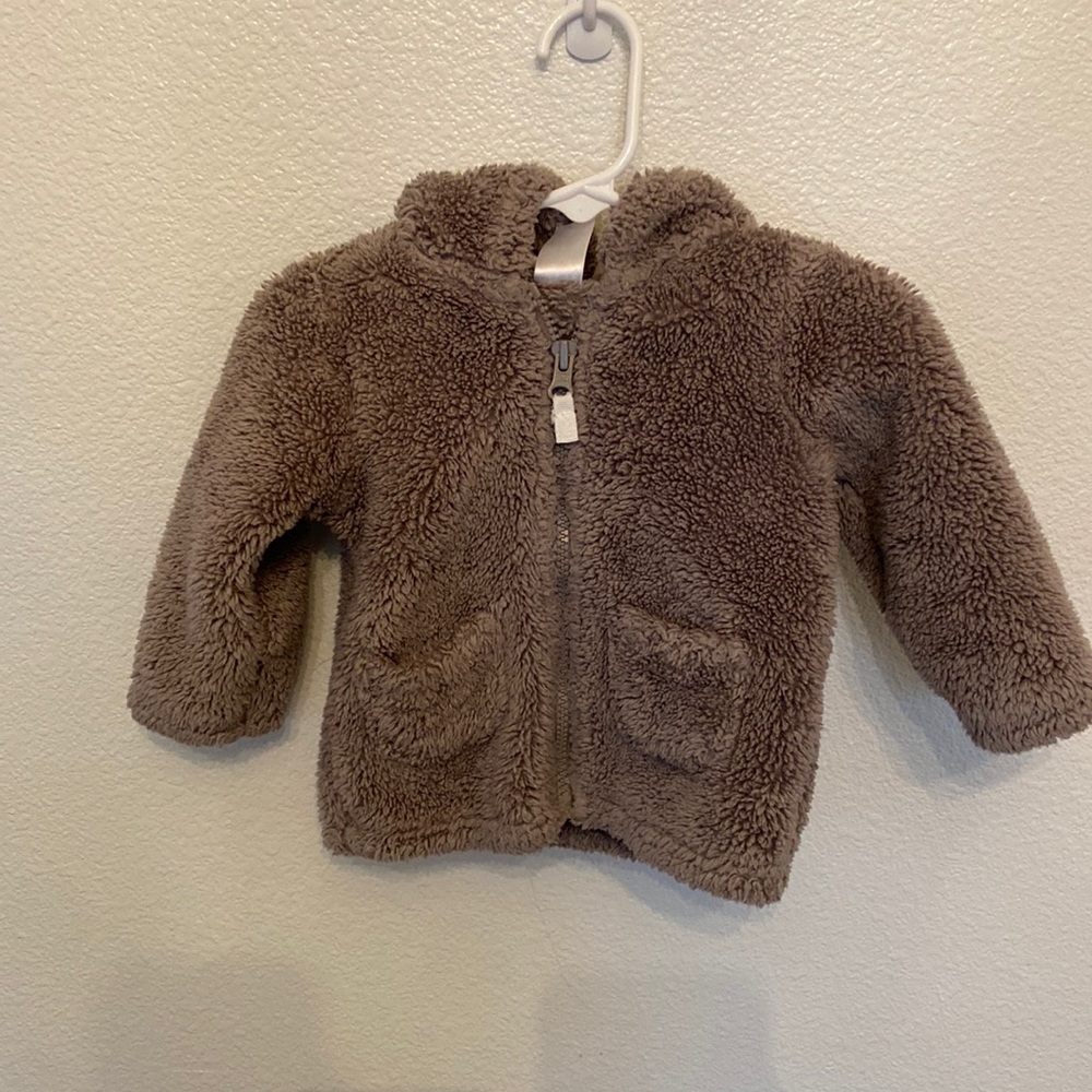 Carter’s bear Sherpa jacket, light brown, plaid inside hood.